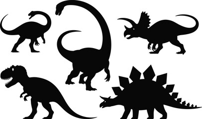 Dinosaur silhouettes, prehistoric animals, T-Rex icon, Triceratops shape, Stegosaurus, sauropod, fossil creatures, black vector, paleontology design, ancient wildlife, extinction theme