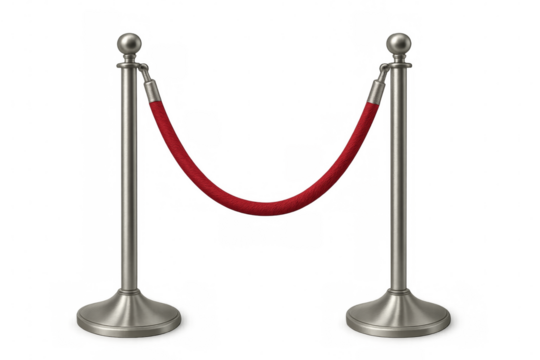 Silver stanchions with red rope barrier on transparent background