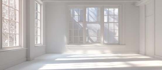 A bright white room with large windows, bathed in sunlight and shadows