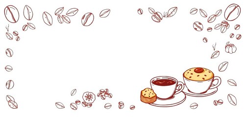 Hand-drawn coffee menu template with doodle illustrations of coffee beans, cups, and pastries, illustration, coffee beans