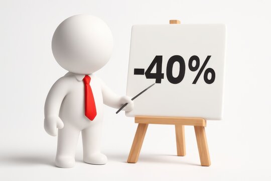 3d business man in suit and red tie points to a sign showing forty percent discount offer