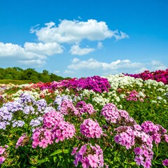 A vibrant landscape of phlox blossoms in a multitude of colors against a clear summer sky.