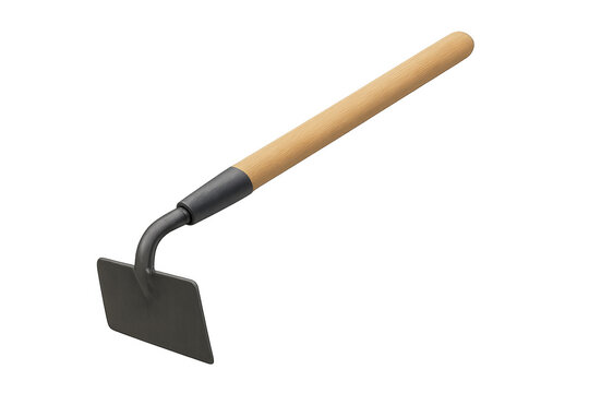 Gardening hoe tool with wooden handle on transparent background