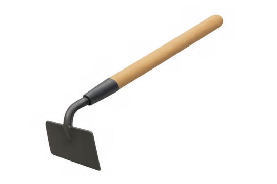 Gardening hoe tool with wooden handle on transparent background