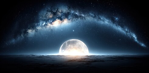 A celestial landscape with a radiant moon rising over dark clouds, set beneath a starry, milky way sky