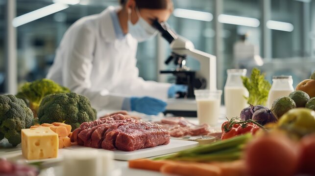 Food scientist analyzing ingredients under microscope in laboratory quality control test