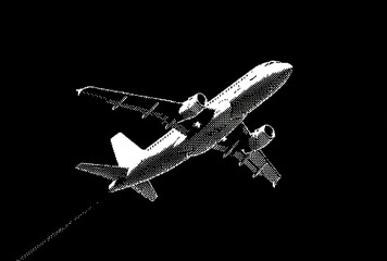 Silhouetted plane ascends diagonally on black, with a simple, low-resolution aesthetic evoking digital artwork