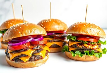Juicy gourmet burgers with various toppings on a pristine white background, gourmet burger, food