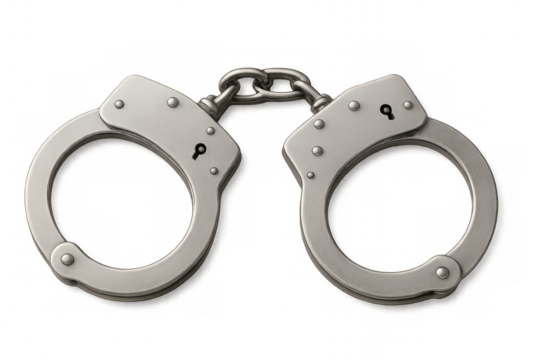 Steel handcuffs lying on transparent background representing arrest and imprisonment