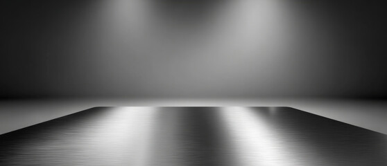 a sleek gray background with a metallic tabletop for product display