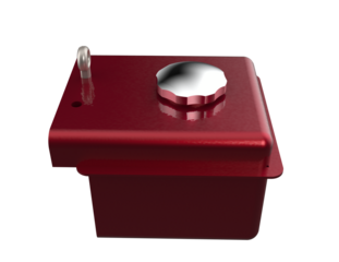 3D render of a glossy red fuel tank or oil reservoir with a chrome cap and metal pull pin. Isolated object, high detail, ready for design integration on a PNG Transparent HD Background.
