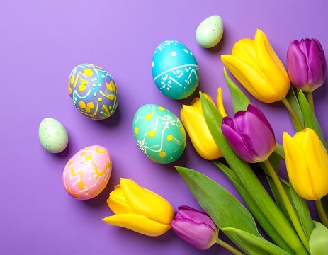 Colorful Easter eggs and tulips on purple background