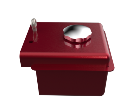 3D render of a glossy red fuel tank or oil reservoir with a chrome cap and metal pull pin. Isolated object, high detail, ready for design integration on a PNG Transparent HD Background.