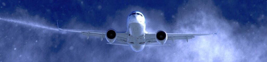 Underneath view of a plane soaring through a blue, foggy sky, leaving contrails and emphasizing flight and the unknown
