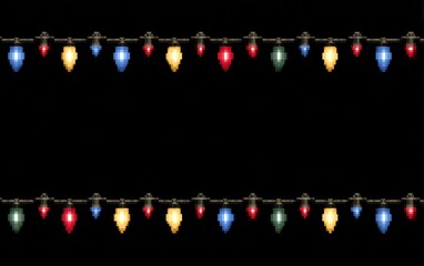 Pixelated colorful bulb string lights arranged in two lines. Isolated on black