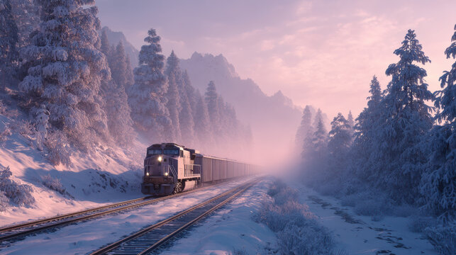 Train travels through snowy forest landscape at sunrise, surrounded by frosted trees and mountains, creating serene winter scene