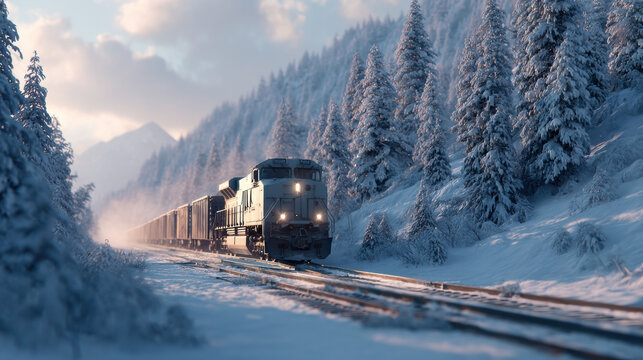 Freight train moves slowly through snow covered pine forest, surrounded by soft glowing mist and mountains
