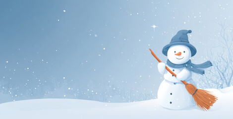 a snowman with his hat and scarf on, standing in the middle of a snowy landscape