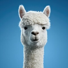 Obraz premium A fluffy, white alpaca head portrait against a bright blue sky gazes directly at the viewer. Soft lighting