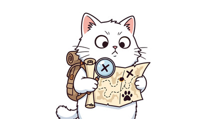 Fototapeta premium A curious white cat wearing a backpack and holding a magnifying glass over a treasure map.