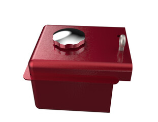 Red Diesel Engine Part: Isolated High-Res Automotive Component. Chrome Fuel Cap, White Fluid...