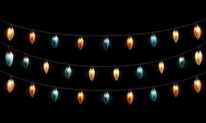 Festive string lights illustration with blue and gold bulbs on black background, radiating a warm, celebratory glow