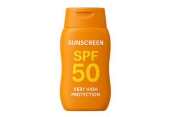 Orange sunscreen bottle with spf 50 very high protection on transparent background