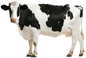 Black and white cow standing tall, isolated against a white background in natural lighting