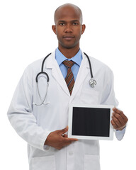 Healthcare, portrait and tablet with a doctor black man isolated on transparent background for...