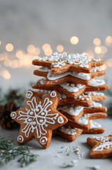 a stack of snowflake-shaped gingerbread cookies with white icing on top, placed against a light background