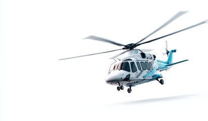 Modern teal & white helicopter in flight against a stark white background