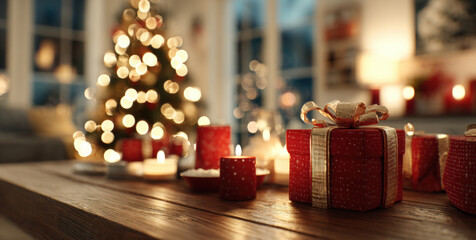 A table with christmas presents and candles, with the tree in the background
