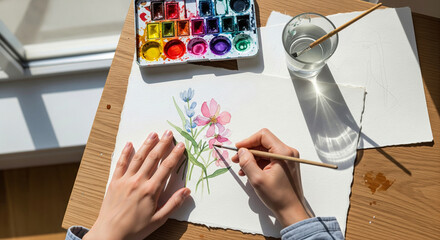 Artist's hands painting with watercolors at a desk flooded with soft, natural daylight from a window