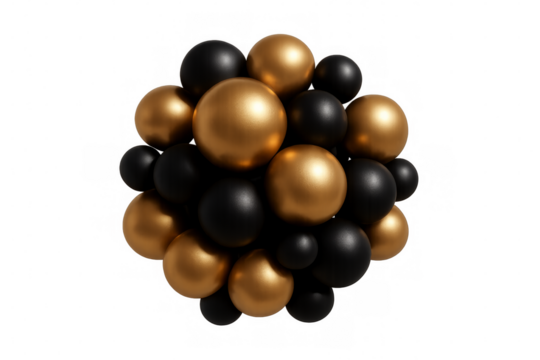 Black and gold spheres forming abstract cluster on transparent background - Powered by Adobe
