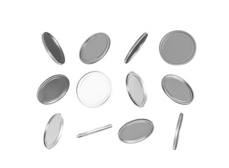 Falling blank silver coins on black background, representing finance and wealth.