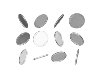 Falling blank silver coins on black background, representing finance and wealth.