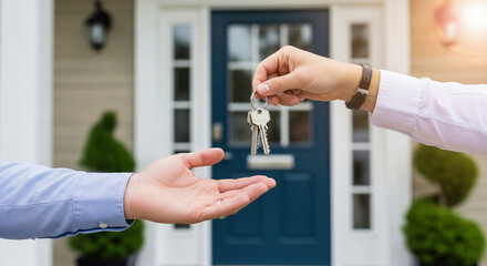 Real estate agent's hands giving house keys to a new homeowner in front of their home on a sunny day