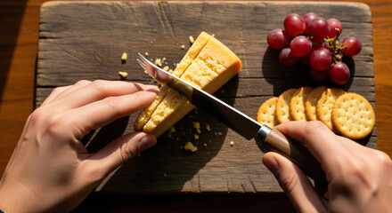 A person's hands cutting a piece of artisanal cheese on a wooden board in the daylight