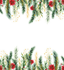 Watercolor Christmas seamless border frame. Green fir tree branches, red poinsettia flower, golden plants. Evergreen festive twigs. New Year hand drawn illustration. Artistic template design.