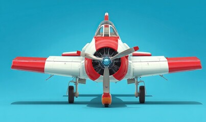 Front view of a toy red-and-white airplane, propeller facing forward, on blue background