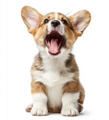 Adorable corgi puppy sitting with mouth wide open, looking upwards against a clean white background