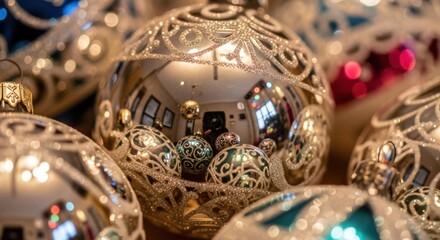 Elegant silver and gold christmas ornaments with intricate patterns and reflections