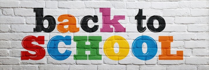 Back to School" is vibrantly displayed in colorful block letters on a whitewashed brick wall, creating a bold and eye-catching visual message