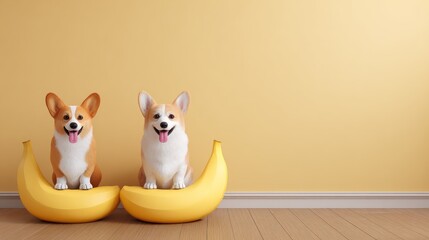 Two smiling corgis perched atop curved banana-shaped props against a soft yellow background and wood floor