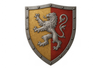 Medieval silver lion rampant on red and gold shield with transparent background