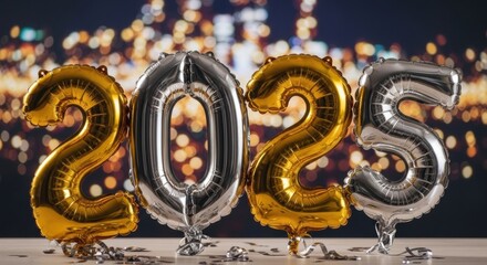 Obraz premium Festive 2025 celebration with gold and silver balloons against sparkling lights