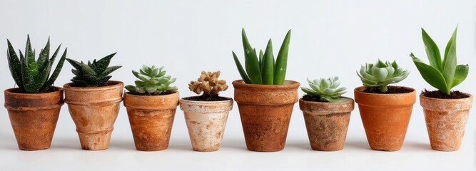 A row of terracotta pots, each containing a different succulent, on a white background, creating a simple, organic display