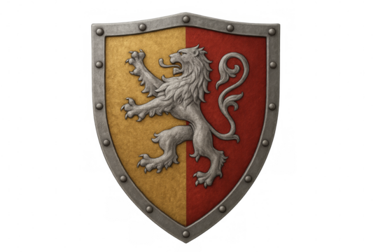 Medieval silver lion rampant on red and gold shield with transparent background