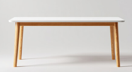 a white rectangular dining table with wooden legs, in the style of Nordic style, minimalist design, front view