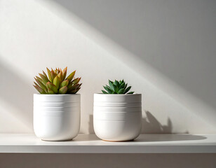 Pair of small potted succulents on white shelf